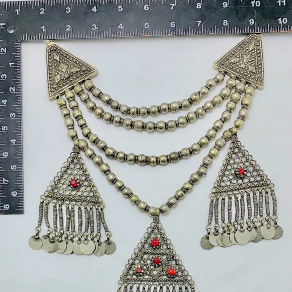 Beaded Layered Necklace, Silver Gypsy Vintage Necklace With Three Dangling - Picture 6 of 14